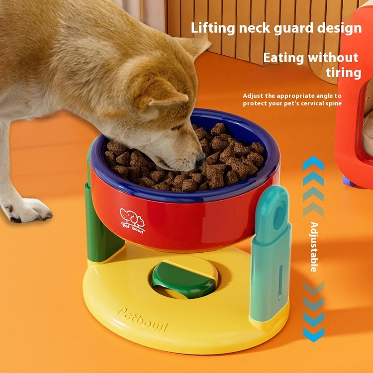 Adjustable suction cup pet bowl with a lifting design, available in pink, red, and blue, designed for cats.