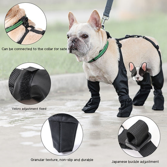 Waterproof dog shoes with adjustable fit and non-slip boots, offering reliable outdoor protection for active pets front view