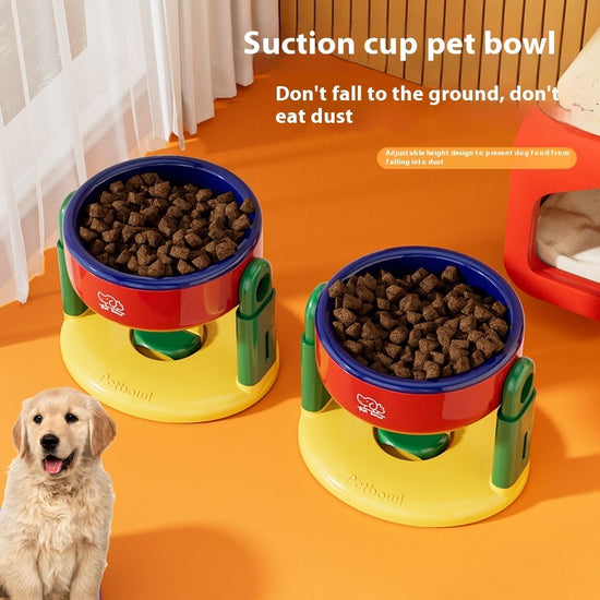 Adjustable suction cup pet bowl with a lifting design, available in pink, red, and blue, designed for cats.
