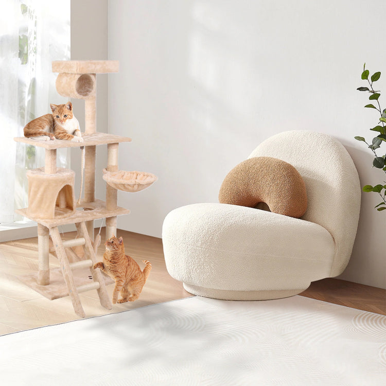 Multi-level cat climbing frame designed for fun and comfort, offering a cozy space for cats to play and relax