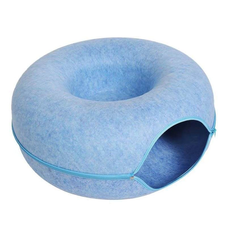 Innovative zippered cat cave bed with a modern donut shape, offering a private and warm retreat for pets
