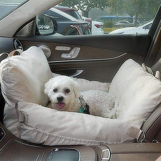 Linen car safety seat front dog bed, offering comfort and security for your pet during travel