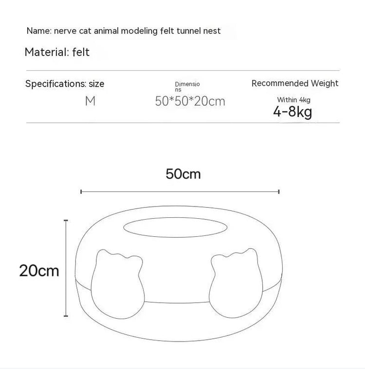 New cat tunnel bed featuring a peekaboo cat cave and donut tunnel design, perfect for indoor cats to play and relax size