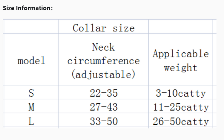 size chart of Ergonomic Grip Retractable Dog Leash for Comfortable Handling
