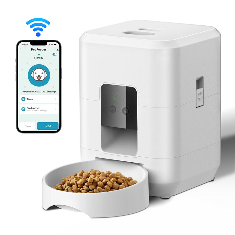 Smart automatic pet feeder with remote timing and portion control for convenient and accurate feeding management easy access