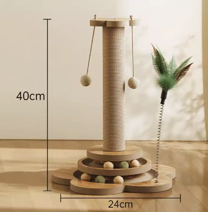 Cylindrical cat scratcher toy made of woven sisal with a wooden, cat-shaped frame.