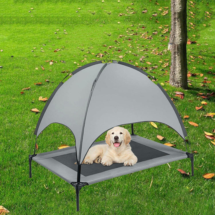Pet outdoor covered loft bed with a sunshade tent, ideal for camping and outdoor relaxation