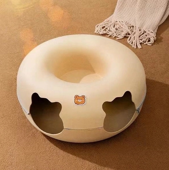 New cat tunnel bed featuring a peekaboo cat cave and donut tunnel design, perfect for indoor cats to play and relax